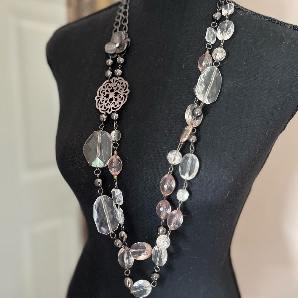 Romantic Long Clear and Pale Pink Bead with black flowers Statement Necklace